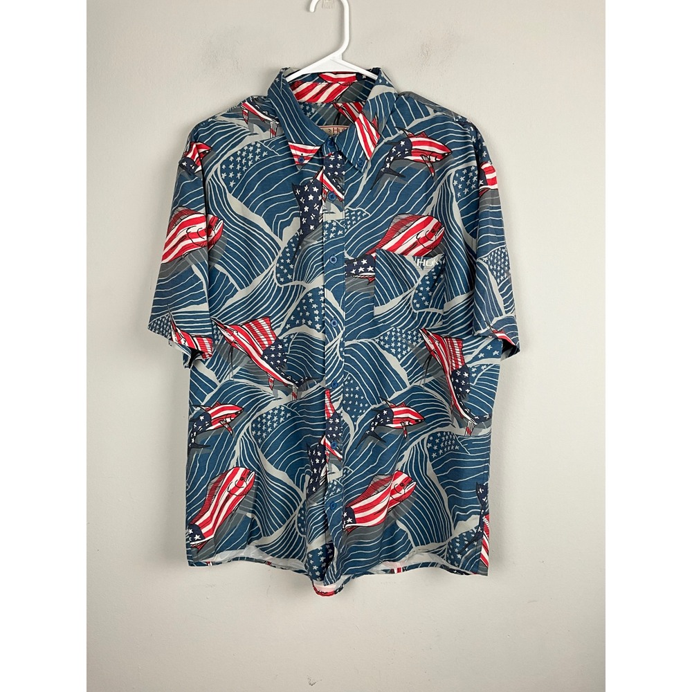 Huk Performance Fishing Mens‎ Short Sleeve Button Up American Flag Fish Size L